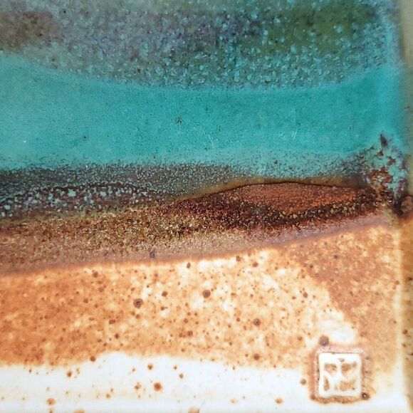 Studio Pottery Square Serving Tray Aqua Blue Turquoise Brown Red Signed TJ White - Picture 4 of 4